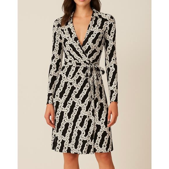 Diane von Furstenberg DVF Chain Link Wrap Dress Black White Silk Jersey XS/Small - Picture 1 of 5